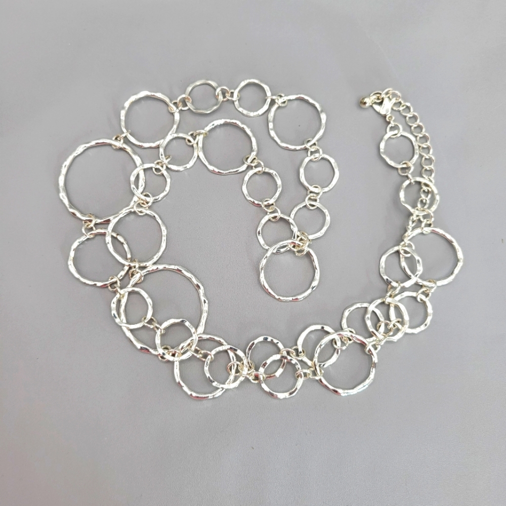 Silver Tone Necklace of Interlinked Textured Circles 30" - Goes with Anything!